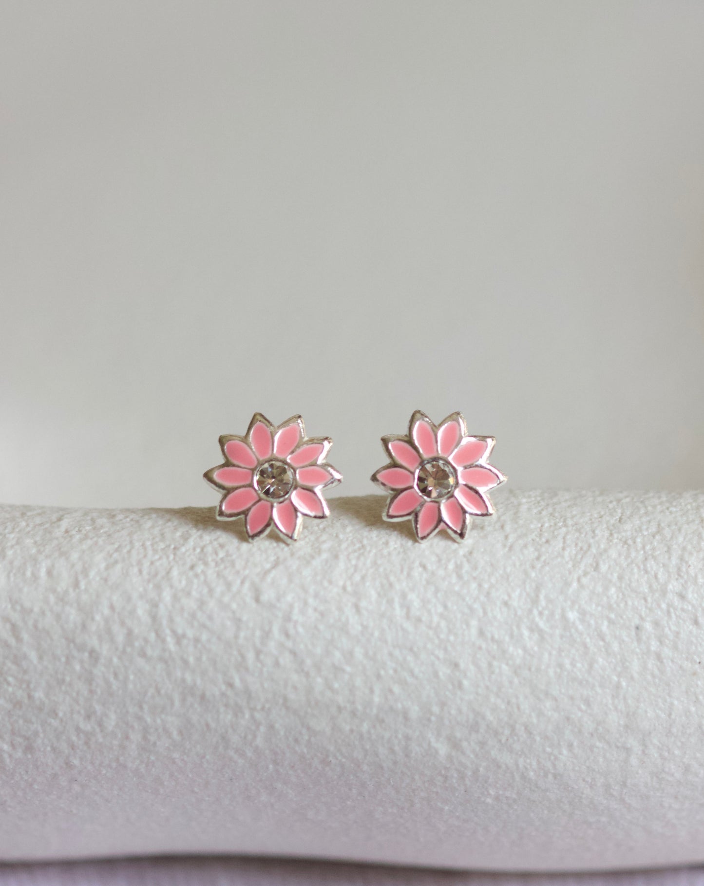 Pink enamel cubic zirconia flower studs