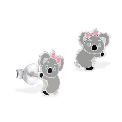 Grey enamel koala with pink bow studs sterling silver