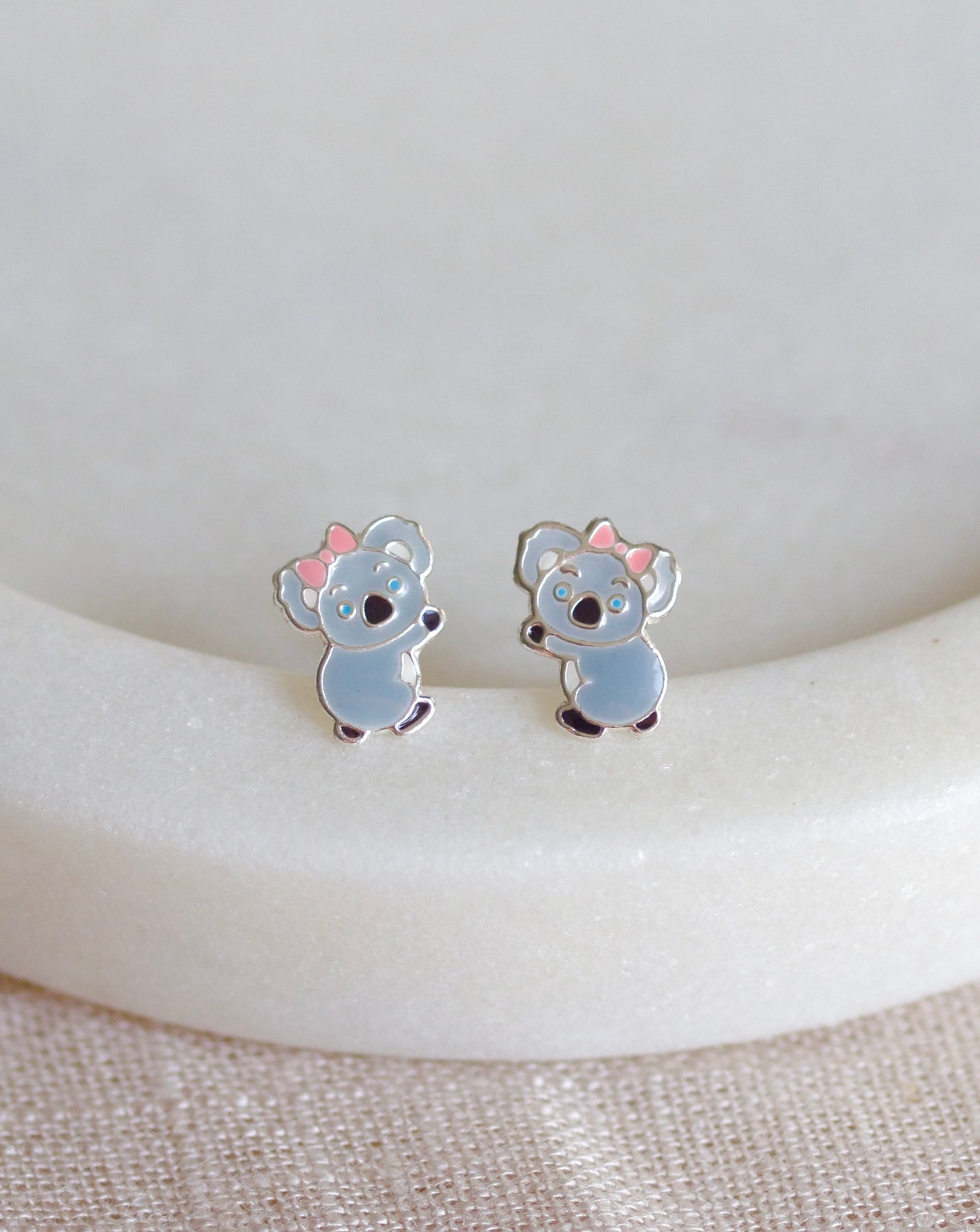 Grey enamel koala with pink bow studs sterling silver