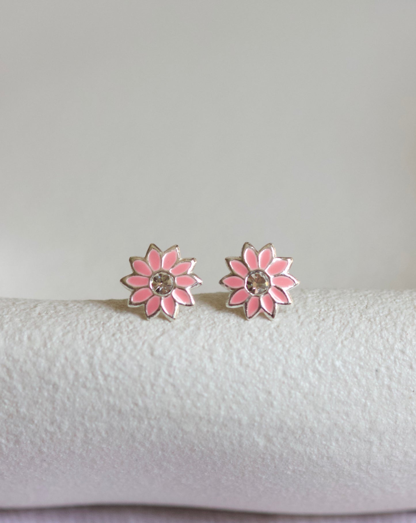 Pink enamel cubic zirconia flower studs