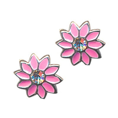 Pink enamel cubic zirconia flower studs