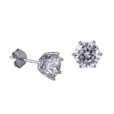 Rhodium plated 6mm round white cubic zirconia 6 claw studs