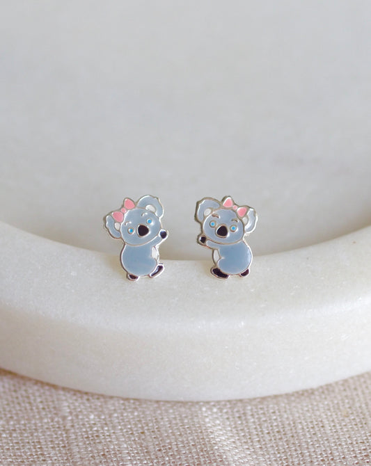 Grey enamel koala with pink bow studs sterling silver